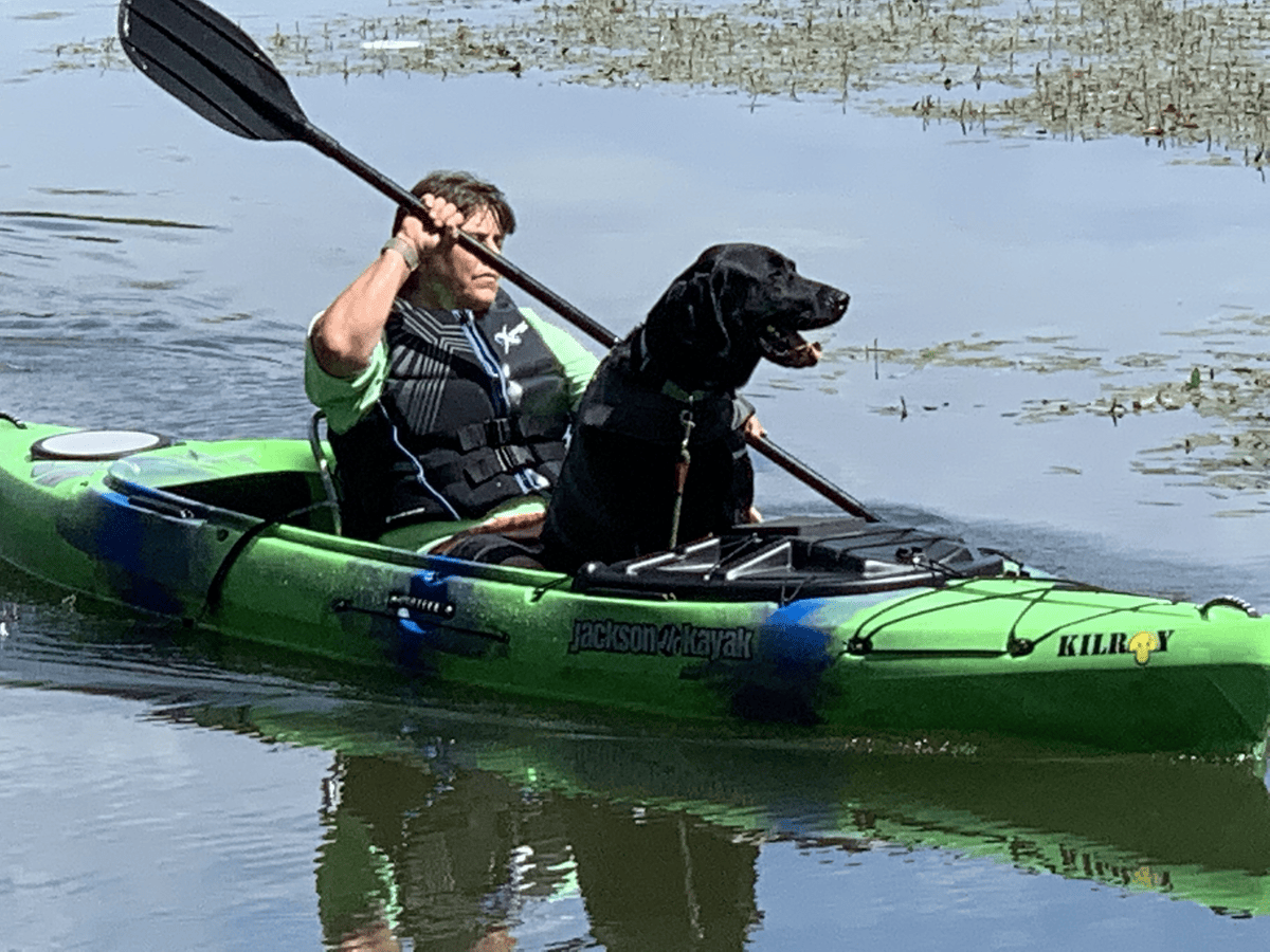 Dog kayaking with owner on the water